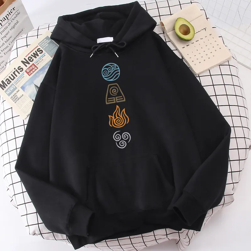 Avatar The Last Airbender Hoodie Water Air Fire Earth Four Elements Print Black Anime Oversized Sweatshirts - Avatar The Last Airbender Store