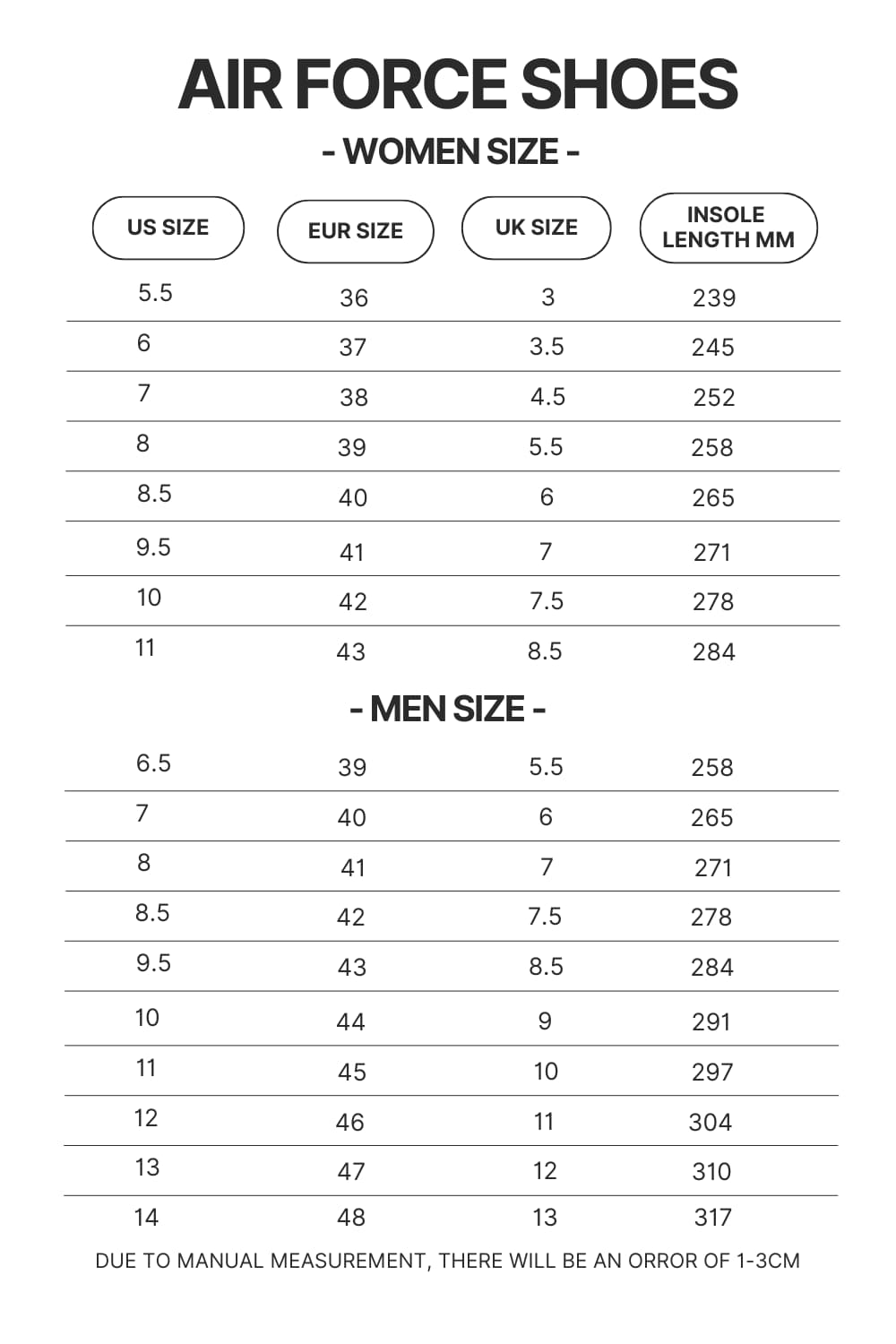 Air Force Shoes Size Chart - Avatar The Last Airbender Store
